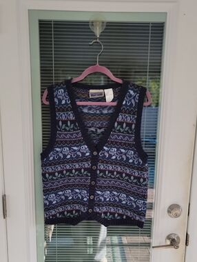 Navy Blue Patterned Knit Button-Up Sweater Vest Sz L Cotton Blend 90's